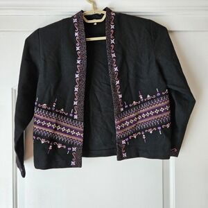 Black Embroidered Open Front Jacket Medium Purple Pink Boho Ethnic Traditional